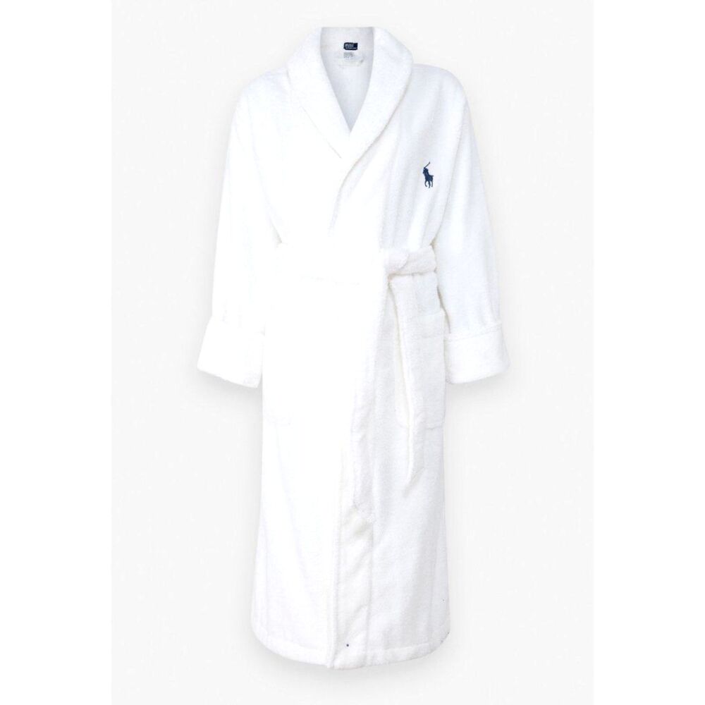 Polo Ralph Lauren White Cotton Terry Bath Robe Navy Pony Belted